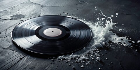 Obraz premium Surreal Black Vinyl Record Retro Music Photography: Abstract Paint Splatter Art