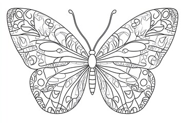 Ornate Butterfly Line Art, White Background, Coloring Page.