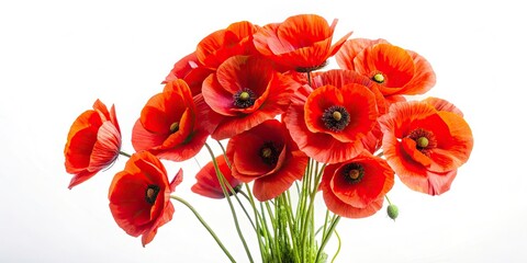 Obraz premium Surreal Red Poppy Bouquet, Dreamlike Flower Photography, Whimsical Poppy Blooms, White Background