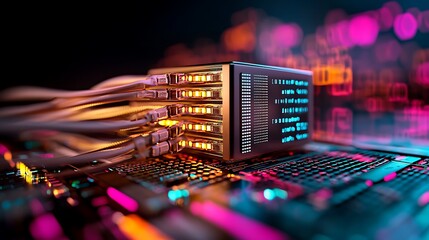 Connectivity hub showing glowing data ports amidst colorful, abstract circuits and cables on dark background