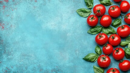 Fresh red tomatoes with green leaves on blue background