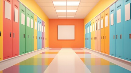 A school hallway with colorful lockers and a white board