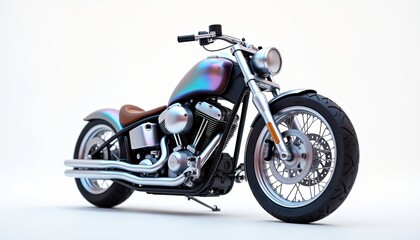 Obraz premium Stylish Chrome Motorcycle with Iridescent Paint Job Studio Shot A detailed view of a custom built chopper motorcycle