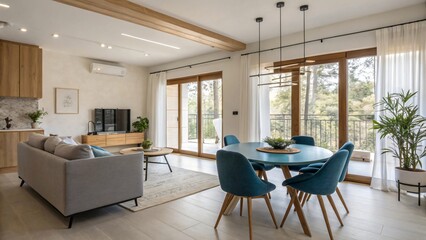 Fototapeta premium Modern Living Room Interior Design with Blue Dining Set and Large Sliding Doors Opening to a Scenic View