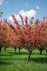 Fototapeta premium a close up of a field of pink flowers with trees in the background