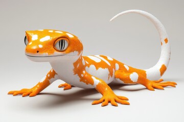An orange and white gecko is posing on a white surface, suitable for education or animal-related projects