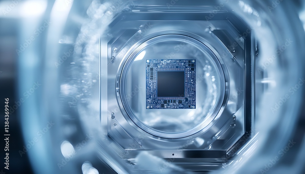 Poster close-up view of microchip inside high-tech glass chamber
