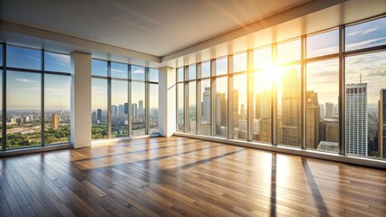 Fototapeta premium Vintage Sunlit Cityscape Panoramic Window Real Estate Interior Design Photography