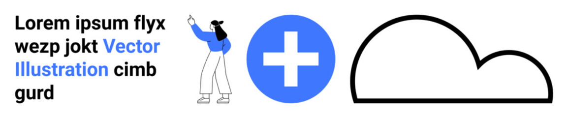 Obraz premium Woman pointing at a large blue plus icon next to a black outlined cloud. Placeholder text nearby. Ideal for technology, teamwork, data storage, collaboration, healthcare, presentations, simple