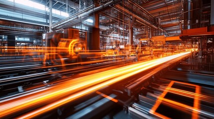 Fototapeta premium Hot steel rolling mill, factory production, glowing metal, industrial background