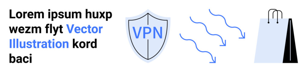 Shield labeled VPN emphasizing security, abstract flowing lines symbolizing connection, and a shopping bag. Ideal for cyber security, VPN use, data privacy, online shopping, digital trust, secure