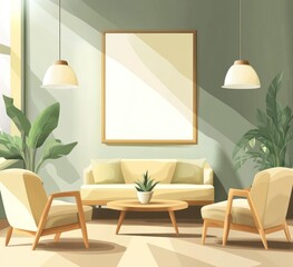 Sunny living room with sofa, chairs, plants, and blank frame.
