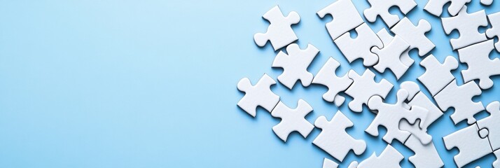 Obraz premium Scattered white puzzle pieces on a light blue surface