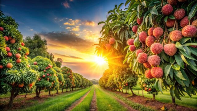Lush Letchi Orchard at Sunset - Vibrant Tropical Landscape with Lush Greenery, Fruit Trees, and Golden Hour Glow, Perfect for Nature Lovers and Travel Enthusiasts Seeking Exotic Views