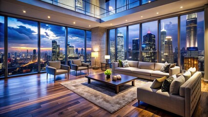 Luxury Penthouse Night View City Skyline Living Room Interior Design