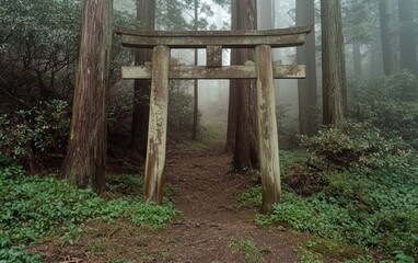 Misty Forest Path with Ancient Wooden Torii Gate