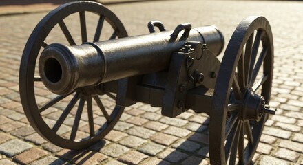 Historic Cannon on Cobblestone Street A Detailed Look at an Antique Artillery Piece
