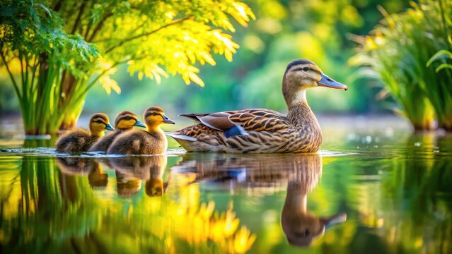 Mama Pato y Patitos en un Entorno Natural con Composici&oacute;n en Tercios, Ideal para la Fotograf&iacute;a de Vida Silvestre, Animales Acu&aacute;ticos, y Naturaleza en Paisajes Serene