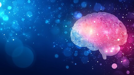A vibrant, translucent brain illustration set against a dark blue, bokeh-filled background, showcasing neural connections