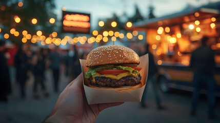 Freshly Prepared Burger Held in Hand with Festive Background at Food Market Event