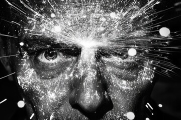 Focused, intense man's face, with sparks radiating from forehead, highlighting mental energy and concentration.