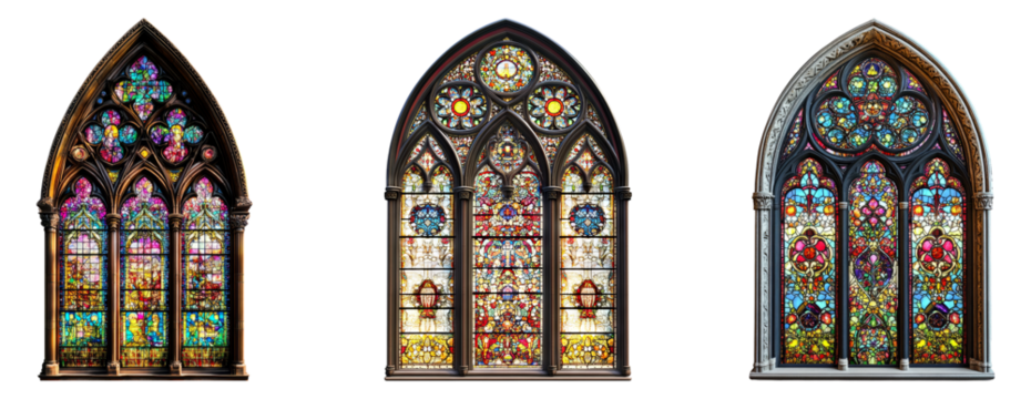 Beautiful Gothic Stained Glass Windows in Historical Architecture, PNG bundle collection, Isolated on Transparent Background