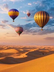 Naklejka premium Colorful hot air balloons drift over golden desert dunes at sunrise creating a stunning visual display