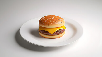 Neatly Centered Burger on White Round Plate with Soft Bun and Melted Cheese