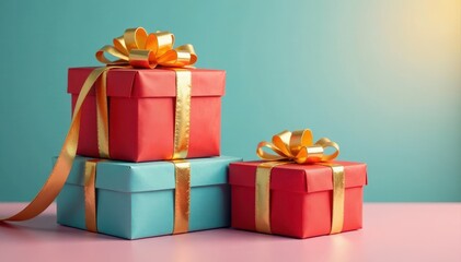 Fototapeta premium Colorful stack of gift boxes with golden ribbons and bows, stack, red