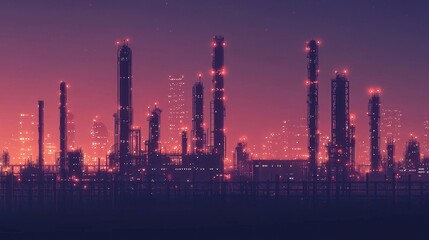 Futuristic Industrial City Skyline at Night with Pink and Purple Lights