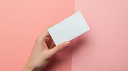 Obraz premium Hand Holding a Blank Card Against a Split Color Background Featuring Soft Pink Hues
