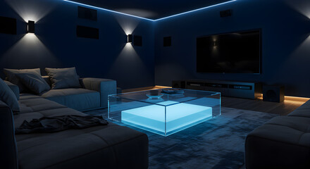 Modern Home Theater With Transparent Acrylic Coffee Table and LED Base
