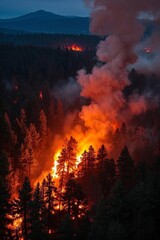 a view of a forest fire burning in the distance with a mountain in the background