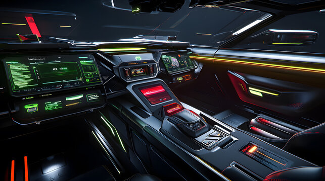 Futuristic car interior with glowing neon accents and advanced digital displays. Sleek, dark design with high-tech features.  Concept vehicle dashboard.