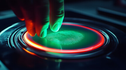 Close-up of a finger scanning on a futuristic fingerprint scanner. Glowing green and red lights illuminate the device, highlighting the detailed fingerprint.
