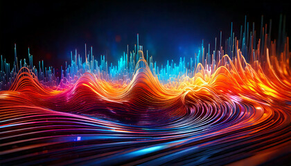 형광 네온 색상의 금속성 사운드파 와류가 형성된 미래적 추상 배경(Futuristic abstract background with metallic sound wave vortices in fluorescent neon colors)