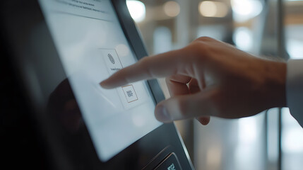Close-up of a finger touching a touchscreen kiosk, likely for fingerprint authentication or a similar process. The interface shows a fingerprint icon and a button.