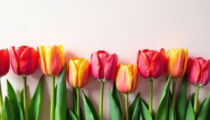 Colorful tulips lined up in a border with empty space , border, gardening