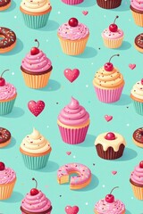 Colorful vector seamless pattern of assorted cupcakes and donuts in pastel hues, donuts, food