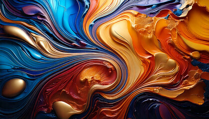 Obraz premium 유체 아트 패턴과 메탈릭 텍스처가 조화를 이루는 추상적 배경, 생생한 색상(Abstract background with fluid art patterns and metallic textures, vivid colors)