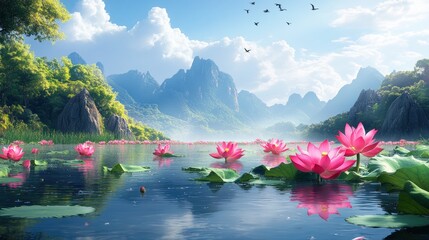 Serene lotus pond, mountains, birds, tranquil valley