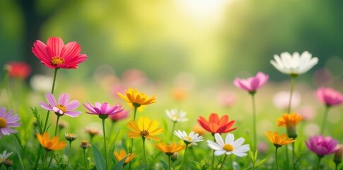 Fototapeta premium Colorful wildflowers sway gently in spring breeze , vibrant, flowers