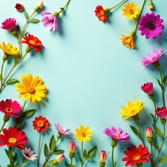 Fototapeta premium Colorful wildflowers scattered on a flat herbarium background, flowers, colorful flowers
