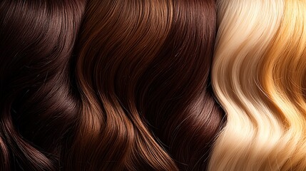 Fototapeta premium Hair samples showcase dark brown, light brown, and blonde colors with a shiny, textured appearance
