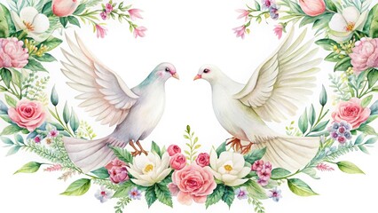 Watercolor Wedding Doves Silhouette Photography - Romantic Floral Bridal Shower