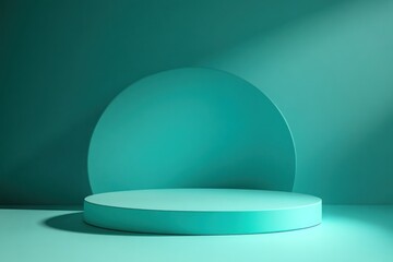 Teal cylindrical podium and backdrop.