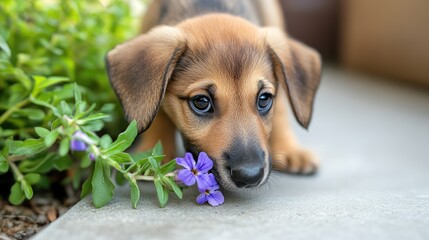 A curious puppy sniffing a tiny violet flower, playful and bright background with open copy space.