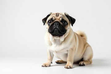 Obraz premium A single pug, viewed from front, on pure white backdrop, closeup, cute, dog face