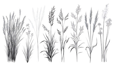 illustrations of various trees, leaves, grasses, and botanical elements on white background.