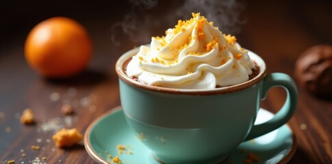 Cozy mug filled with steaming hot chocolate topped with a generous dollop of whipped cream and orange zest , whipped cream, cozy atmosphere